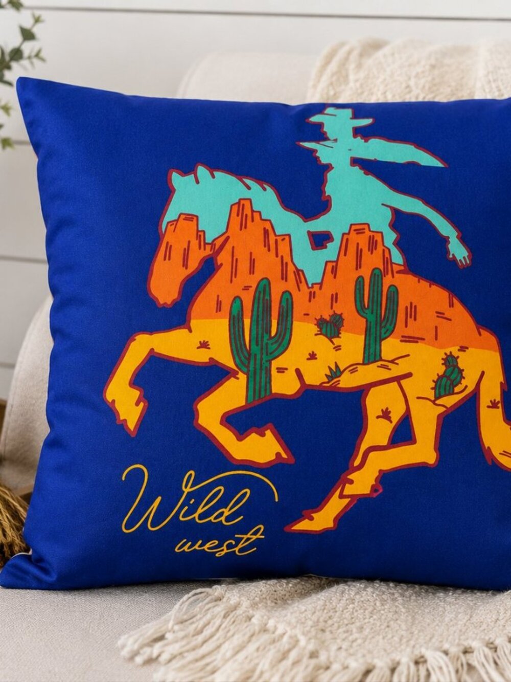 Wild West Cowboy Indoor/Outdoor Throw Pillow Blue Decorative Square Accent